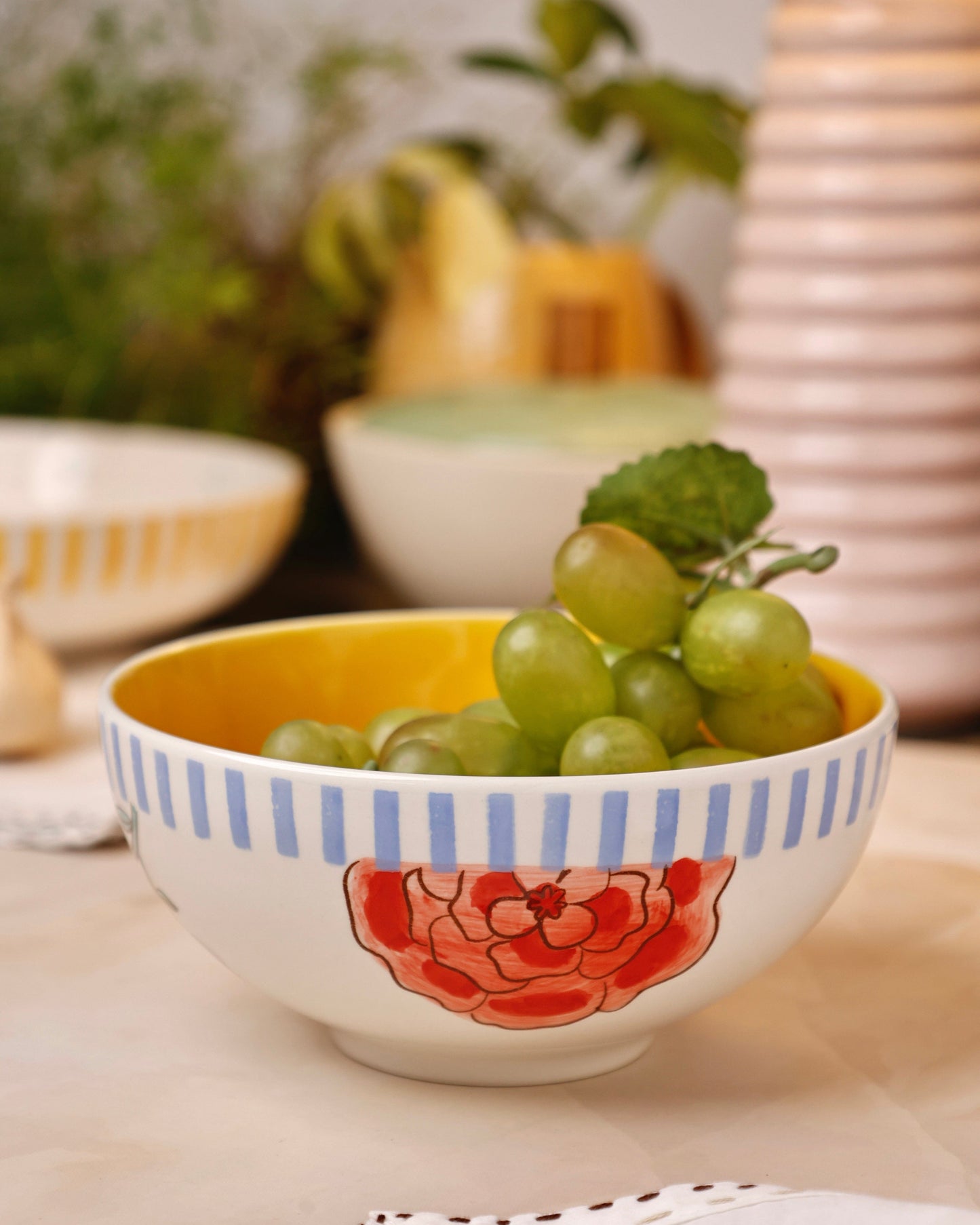 Stripe & Stem Handpainted Ceramic Bowl 15 cm