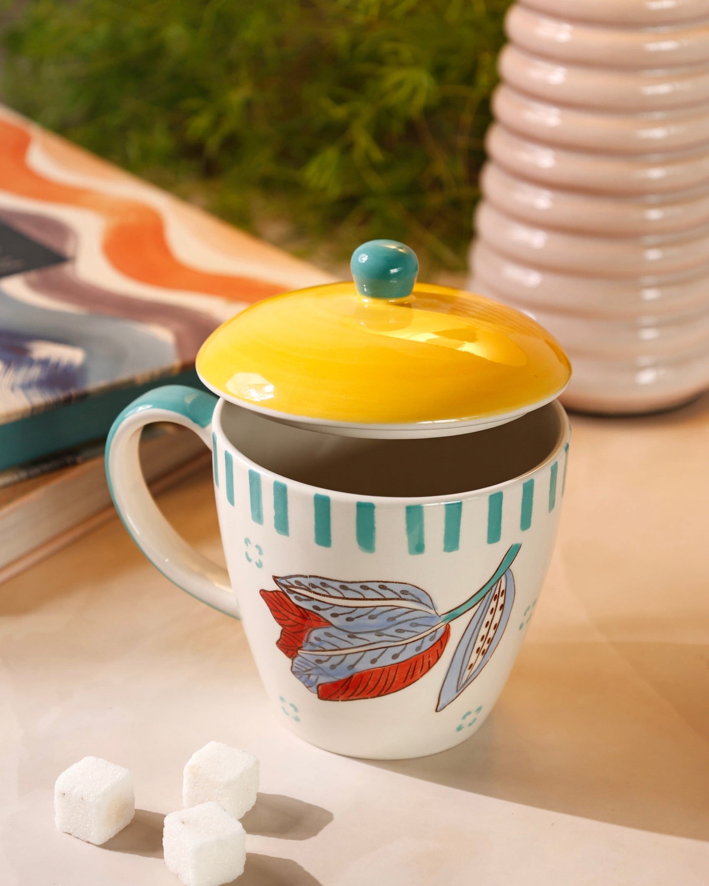 Stripe & Stem Handpainted Ceramic Coffee Mug with Lid 325ml