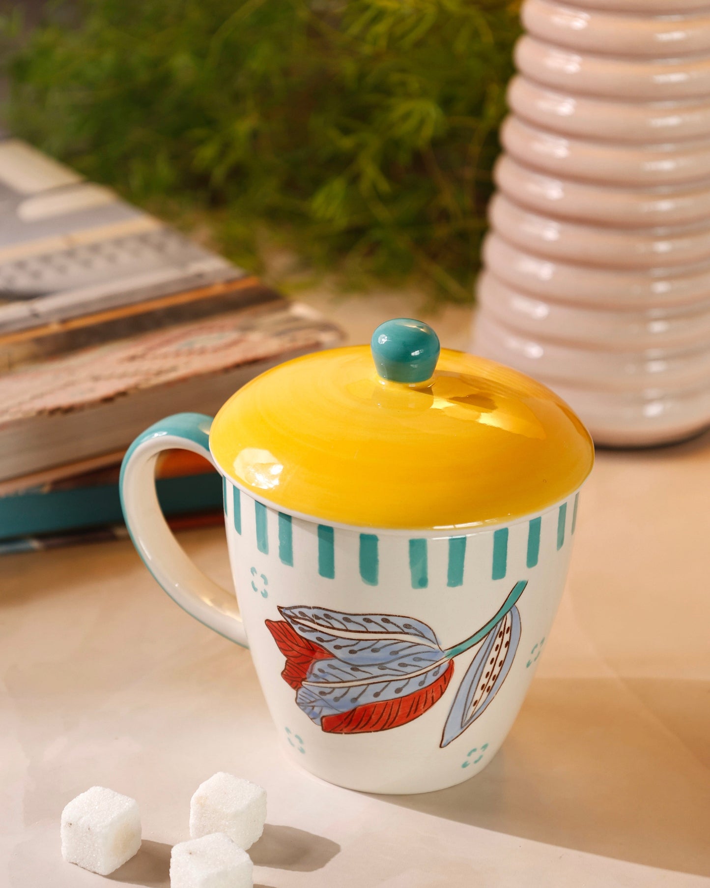 Stripe & Stem Handpainted Ceramic Coffee Mug with Lid 325ml