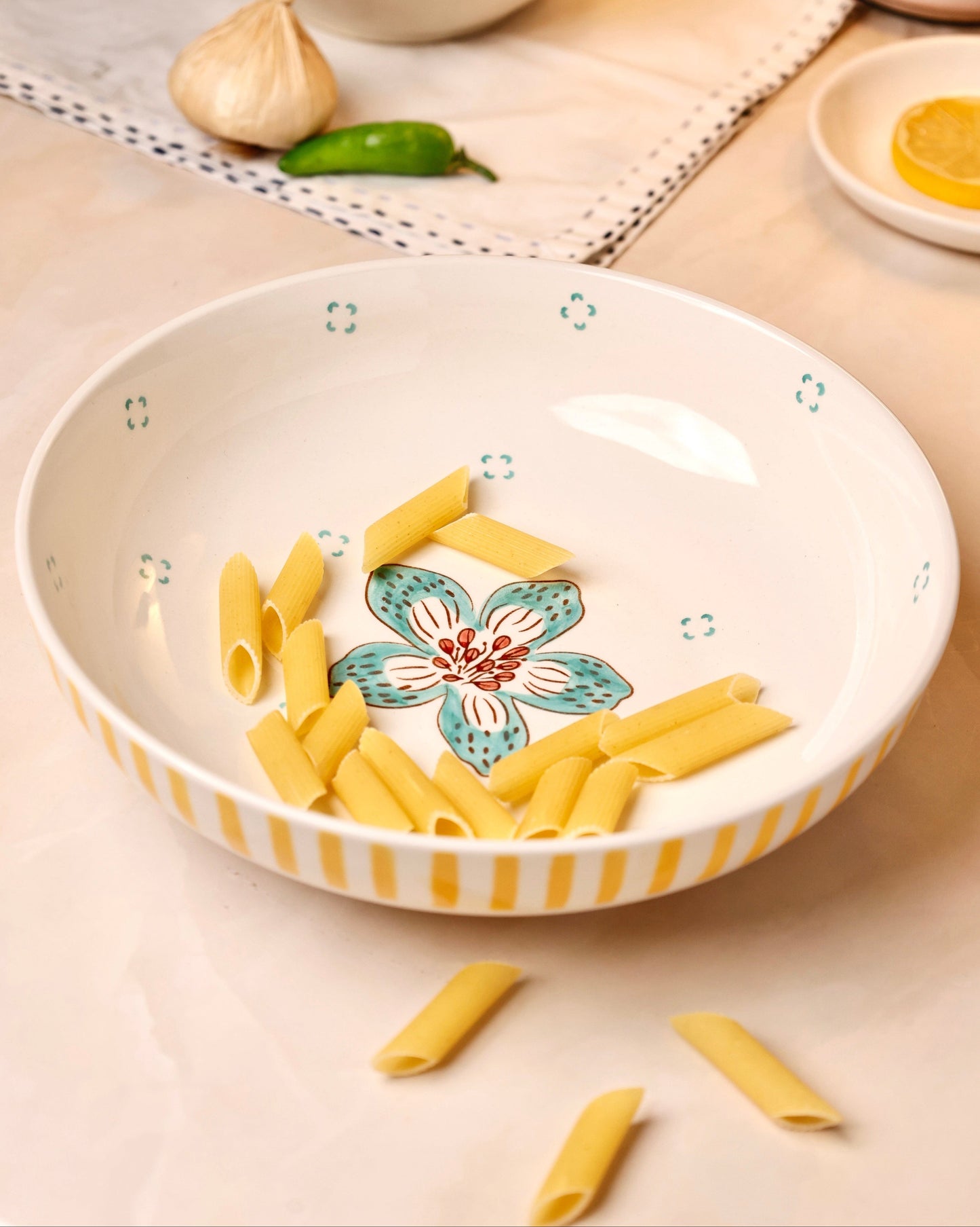 Stripe & Stem Handpainted Ceramic Pasta Bowl 21 cm