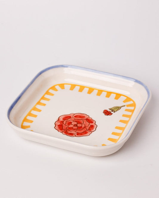 Stripe & Stem Handpainted Ceramic Square Snack Plate 15.5cms