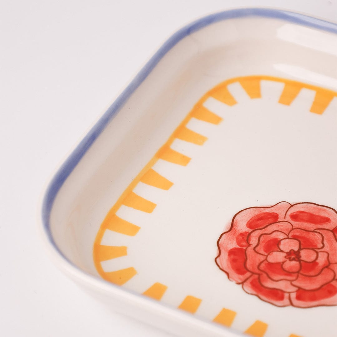 Stripe & Stem Handpainted Ceramic Square Snack Plate 15.5cms