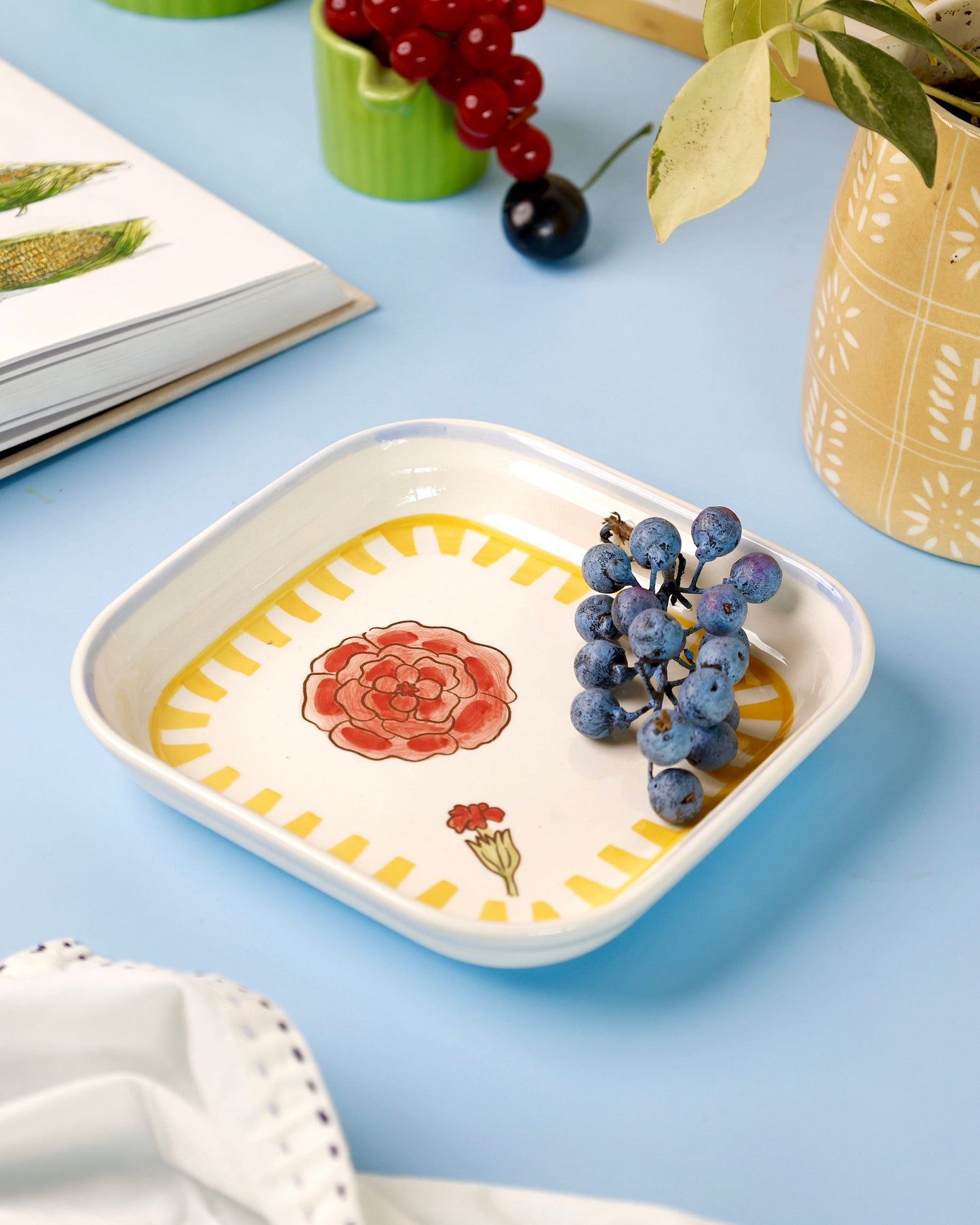 Stripe & Stem Handpainted Ceramic Square Snack Plate 15.5 cms