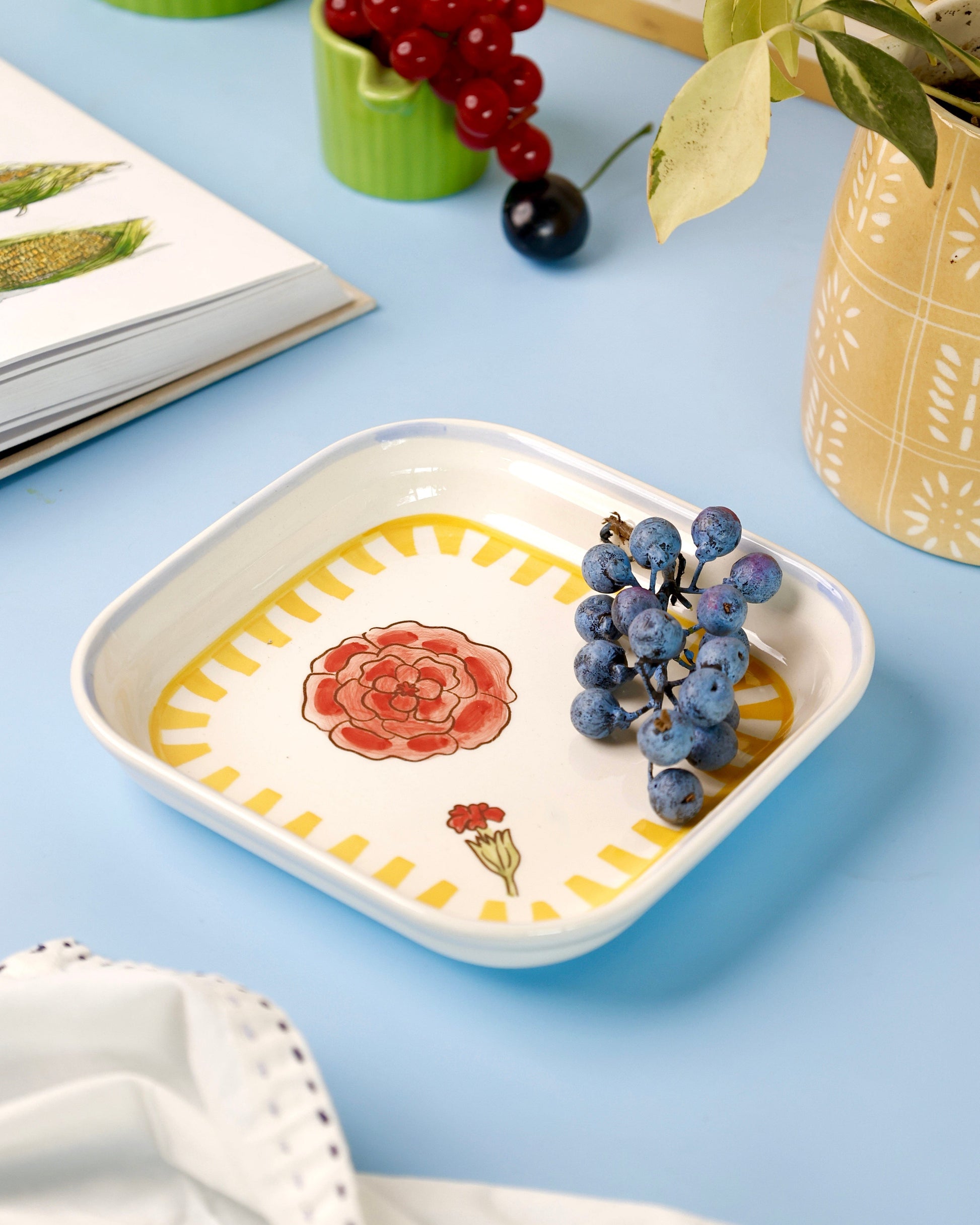 Stripe & Stem Handpainted Ceramic Square Snack Plate 15.5 cms