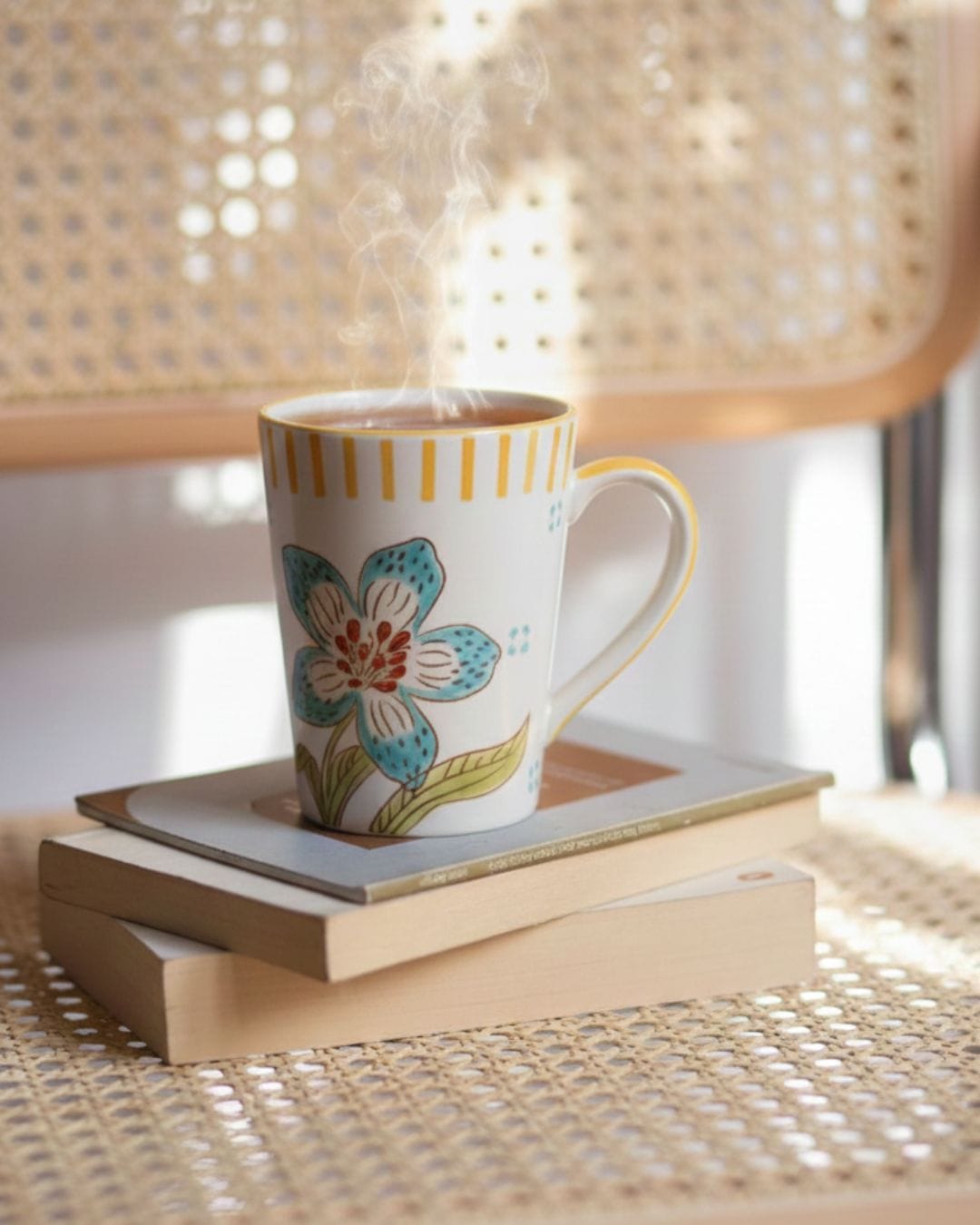 Stripe & Stem Tall Handpainted Ceramic Coffee Mug with Lid 355ml