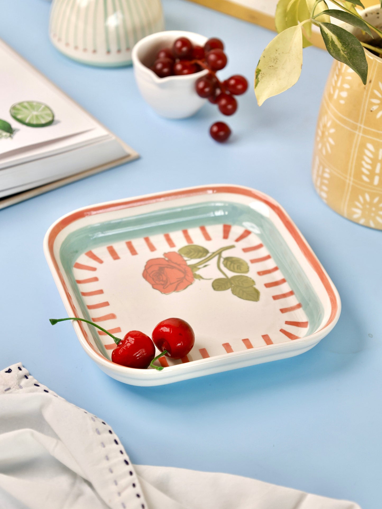 Tea Garden Handpainted Ceramic Square Snack Plate 15.5cms